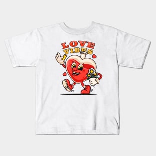 Love vibe, cute cartoon character a bottle of love potion walking carrying flowers Kids T-Shirt